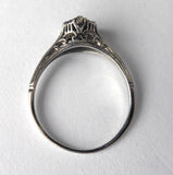 Art Deco Filigree Blue Sapphire Engagement Ring 18K White Gold Estate Hand Pierced