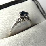 Art Deco Filigree Blue Sapphire Engagement Ring 18K White Gold Estate Hand Pierced
