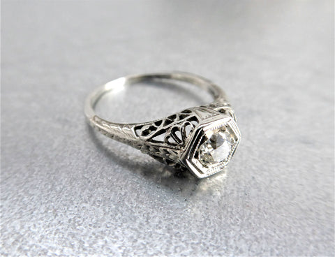 Art Deco Diamond Ring 18k Gold Filigree .52 Carat European Cut Diamond 1930s Heart Box