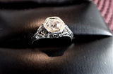 Art Deco Diamond Ring 18k Gold Filigree .52 Carat European Cut Diamond 1930s Heart Box