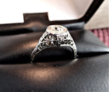 Art Deco Diamond Ring 18k Gold Filigree .52 Carat European Cut Diamond 1930s Heart Box