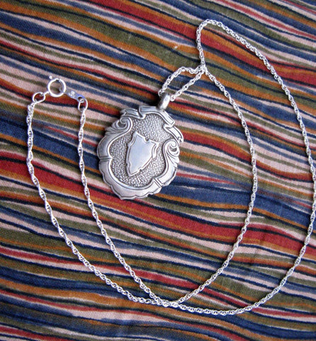 Antique Pocket Watch Fob Necklace English Hallmarked Sterling Silver 1930s Medal