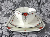 Shelley Daisy Teacup Trio Red Enamel Queen Anne Paneled Art Deco 1920s Teatime