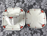 Shelley Daisy Teacup Trio Red Enamel Queen Anne Paneled Art Deco 1920s Teatime
