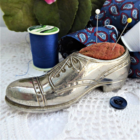 Pincushion Oxford Shoe Silver Plate Sewing Figural Figural Brogue 1930s Sewing