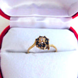 Estate Ring Diamond Sapphires English Size 6 Ring Cluster Halo 9kt Gold 1940s