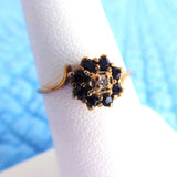 Estate Ring Diamond Sapphires English Size 6 Ring Cluster Halo 9kt Gold 1940s