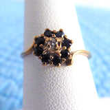 Estate Ring Diamond Sapphires English Size 6 Ring Cluster Halo 9kt Gold 1940s