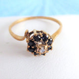 Estate Ring Diamond Sapphires English Size 6 Ring Cluster Halo 9kt Gold 1940s