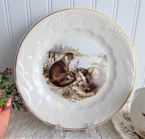 Otters Plate Luncheon White Wheat Embossed Ironstone England 1940s Weatherby