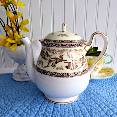 Shelley  Teapot Storks Herons Yellow Brown Gainsborough Shape Birds 1940s