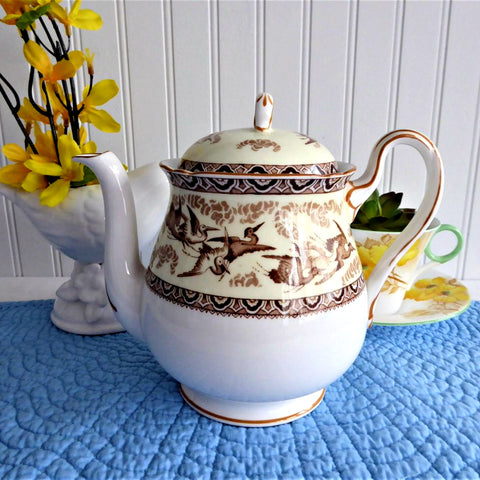 Shelley Tea Pot Storks Herons Yellow Brown Gainsborough Shape Teapot