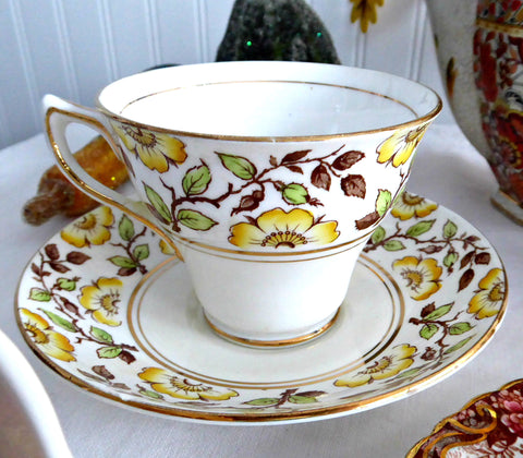 Rosina England Hand Colored Cup and Saucer Yellow Dog Roses On Brown Transfer