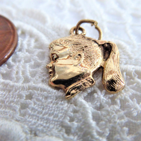 Ponytail Girl 14kt Solid Gold Charm Pendant USA 2.3 Grams 1950s 14k Little Girl Profile