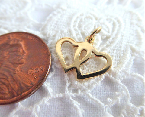 Charm 14kt Gold Hearts Love Token Solid 1950s Vintage Entwined Hearts Pendant
