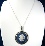 Wedgwood Jasperware Necklace Dark Blue And White Cupid Bow Silver Chain 1950s