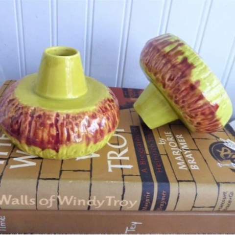 Posy Vases Pair Candle Holders 1960s Chartreuse Rust Drip Pottery Mid Century Retro