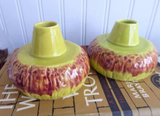 Posy Vases Pair Candle Holders 1960s Chartreuse Rust Drip Pottery Mid Century Retro