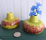 Posy Vases Pair Candle Holders 1960s Chartreuse Rust Drip Pottery Mid Century Retro