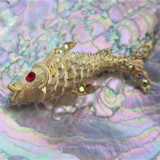 Rhinestone Fish Pin 1960s Fish Brooch Figural Seaside Beach Gold Plated Gold Red