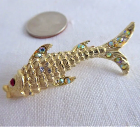 Rhinestone Fish Pin 1960s Fish Brooch Figural Seaside Beach Gold Plated Gold Red