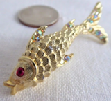 Rhinestone Fish Pin 1960s Fish Brooch Figural Seaside Beach Gold Plated Gold Red