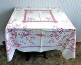 Tablecloth Vintage Linen 45 Inches Square Retro Palms Purple Red 1950s Shabby