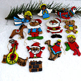 Christmas Ornaments 1960s Handmade Set Of 11 Painted Wood Santa Bear Artisan USA