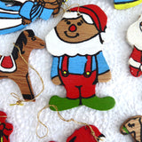 Christmas Ornaments 1960s Handmade Set Of 11 Painted Wood Santa Bear Artisan USA