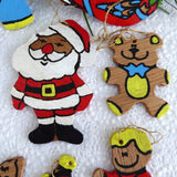 Christmas Ornaments 1960s Handmade Set Of 11 Painted Wood Santa Bear Artisan USA