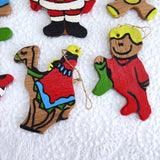 Christmas Ornaments 1960s Handmade Set Of 11 Painted Wood Santa Bear Artisan USA