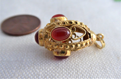 Italian Etruscan Charm 18kt Gold Carnelians 1960s 18k Gold Hand Made Italy
