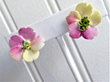 Earrings Bone China Pink Yellow Flower Rose Posy Vintage 1960s Hand Made