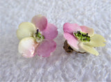 Earrings Bone China Pink Yellow Flower Rose Posy Vintage 1960s Hand Made