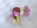 Earrings Bone China Pink Yellow Flower Rose Posy Vintage 1960s Hand Made