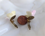Earrings Bone China Pink Yellow Flower Rose Posy Vintage 1960s Hand Made