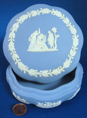 Wedgwood Jasperware Scalloped Blue Box 1960s Group With Cage England
