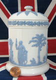 Wedgwood Queen's Ware Cylinder Box Tea Caddy 1960s Blue On White Sacrifice Figures