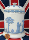 Wedgwood Queen's Ware Cylinder Box Tea Caddy 1960s Blue On White Sacrifice Figures