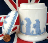 Wedgwood Queen's Ware Cylinder Box Tea Caddy 1960s Blue On White Sacrifice Figures