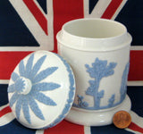 Wedgwood Queen's Ware Cylinder Box Tea Caddy 1960s Blue On White Sacrifice Figures