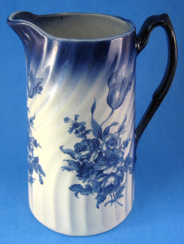 Blue Transferware Pitcher Jug 8 Inches Floral England 1950s Blue and White