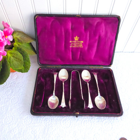 Mappin and Webb Silver Spoons And  Sugar Tongs 1930s EPNS Boxed Set Coffee Tea