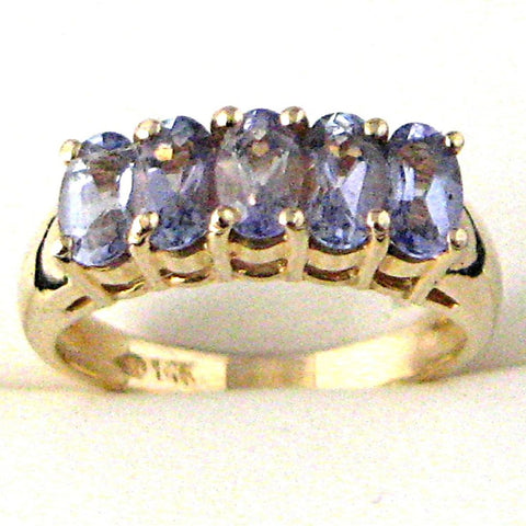 Ring Solid 14kt Gold With 5 Oval Tanzanites Engagement 1970s Wedding Band