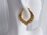 Earrings 14kt Gold Door Knocker Carved 1970s Fancy Hoops Diamond Cut Puffy