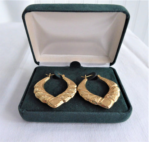 Earrings 14kt Gold Door Knocker Carved 1970s Fancy Hoops Diamond Cut Puffy