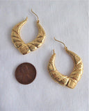 Earrings 14kt Gold Door Knocker Carved 1970s Fancy Hoops Diamond Cut Puffy