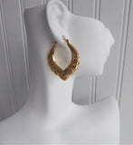 Earrings 14kt Gold Door Knocker Carved 1970s Fancy Hoops Diamond Cut Puffy