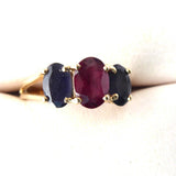 Ring 14kt Natural 1 Carat Ruby With 2 Natural Blue Sapphires 1970s 2 Carats Total