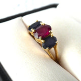 Ring 14kt Natural 1 Carat Ruby With 2 Natural Blue Sapphires 1970s 2 Carats Total
